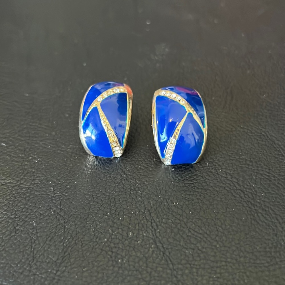 Blue and silver geometric enamel earrings- costume jewelry